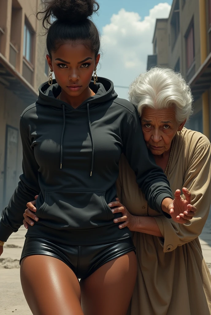 black woman hair in a bun black hoodie black leather short shorts a old grandma in a dress on her knees kissing her ass