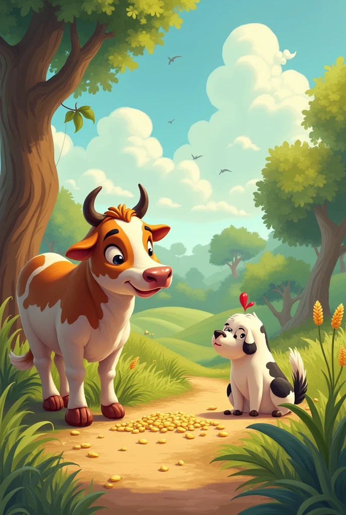 There was a bird. Her name was Chinchi. There was a day when the little bird was sitting next to the cow and was nibbling on the grains. Suddenly the cow dung and the bird got buried in the dung and it could not fly and a dog came from the other side. The bird said to him, "Brother dog, pull me out." The dog said, "If I pull it out, I will eat you." The bird said, "Yes, eat it." The dog pulled the bird out of the dunghill. Now the bird said wash me. The dog took the bird to Connell. He washed the bird and started eating it. The bird said, "Teach me, then eat." The dog placed the bird in the sun. In a little while
The bird's wings dried up and it flew away again. Katamna watched.