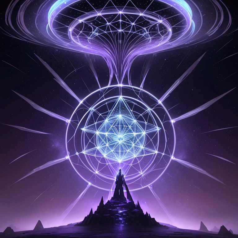 Create a digital landscape of an ethereal, futuristic world where Arcturian energy grids form a glowing, intricate web across the sky. The grid should be composed of interconnected sacred geometry patterns, such as tetrahedrons, dodecahedrons, and Flower of Life symbols. The color palette is dominated by deep purples, blues, and radiant whites, with an otherworldly, glowing effect.