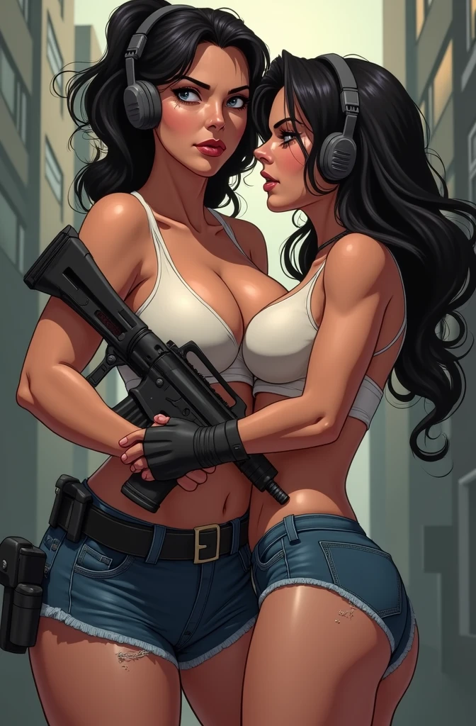 (masterpiece:1.2, highest quality), (Realistic, photoRealistic:1.4),1 female,Mature Woman,5,(A female SWAT officer storms into a crime scene,Dynamic Movement,(Muscular),(Huge breasts),(Thick thighs),(SWAT black combat bodysuit),(black bulletproof vest),(Black Tactical Forster),(headset),(The background is a group of buildings late at night:1.5),(((Background Blur:1.5))),(Serious),Searchlight light