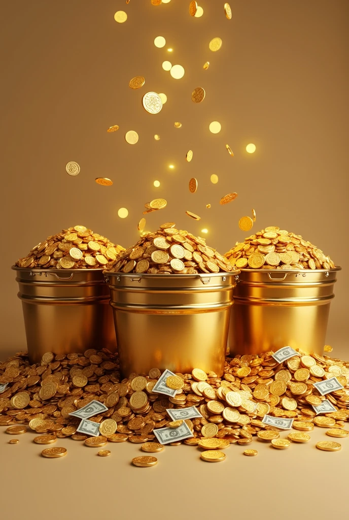 three buckets full of gold coins and money, put in the left, middle, right position with some space in between