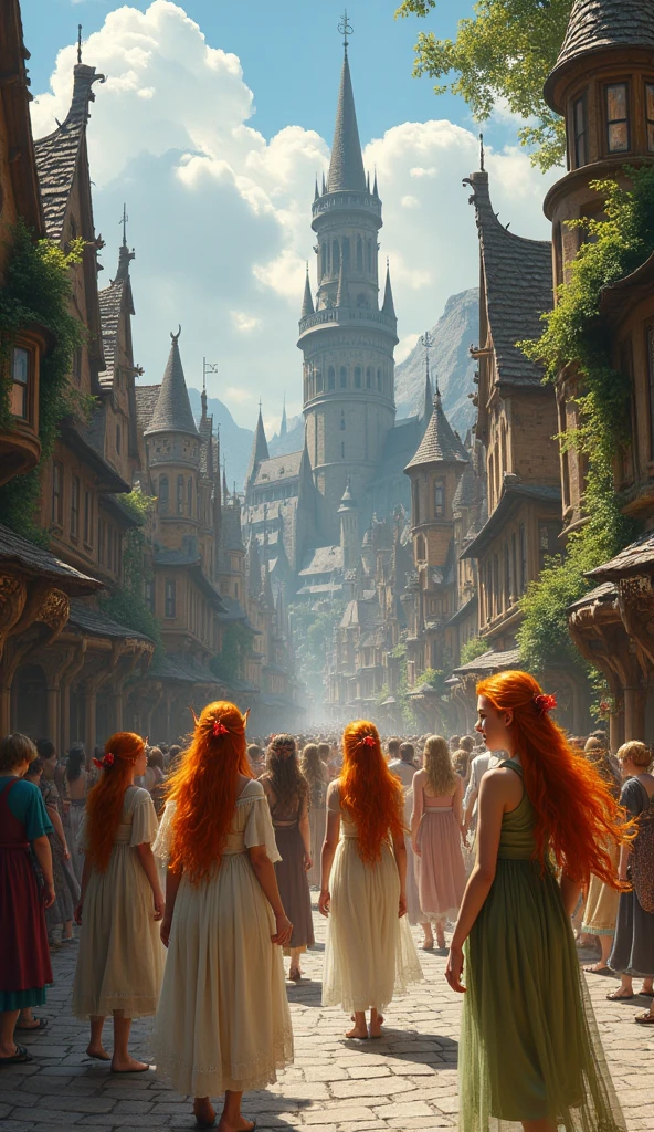 masterpiece, high quality, elves, (long elf ears), (orange hair), medieval town square, fantasy buildings, crowd of elves, fantasy clothes,