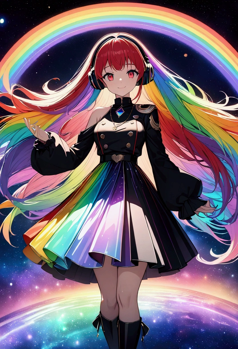 (((anime))) One Woman,Gal,Long Hair,(Rainbow Hair),Bangs parted in the center,Black headphones,necklace,Look here,Red eyes,Big Eyes,Smile One Shoulder Dress,Volume sleeve,Iridescent skirt,Black boots,night,Space Background,End of the Galaxy,Planetarium style,Backlight,masterpiece,Highest quality,Exquisite,8k,Absurd,Ultra-fine illustrations,(View your audience)