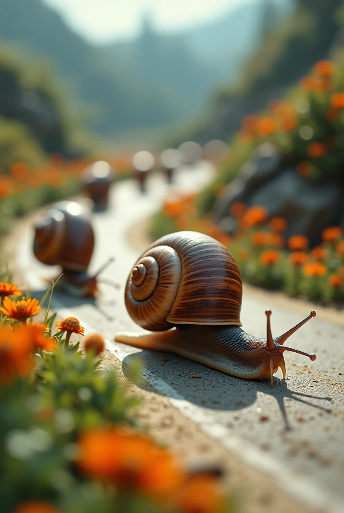 Cerithidea obtusa. Racing on track. Tilt shift photography. Live streaming on tv.