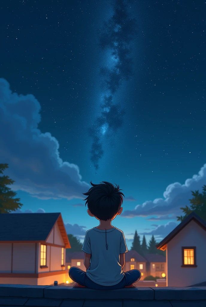 A boy with a pendant sitting watching the stars On his roof