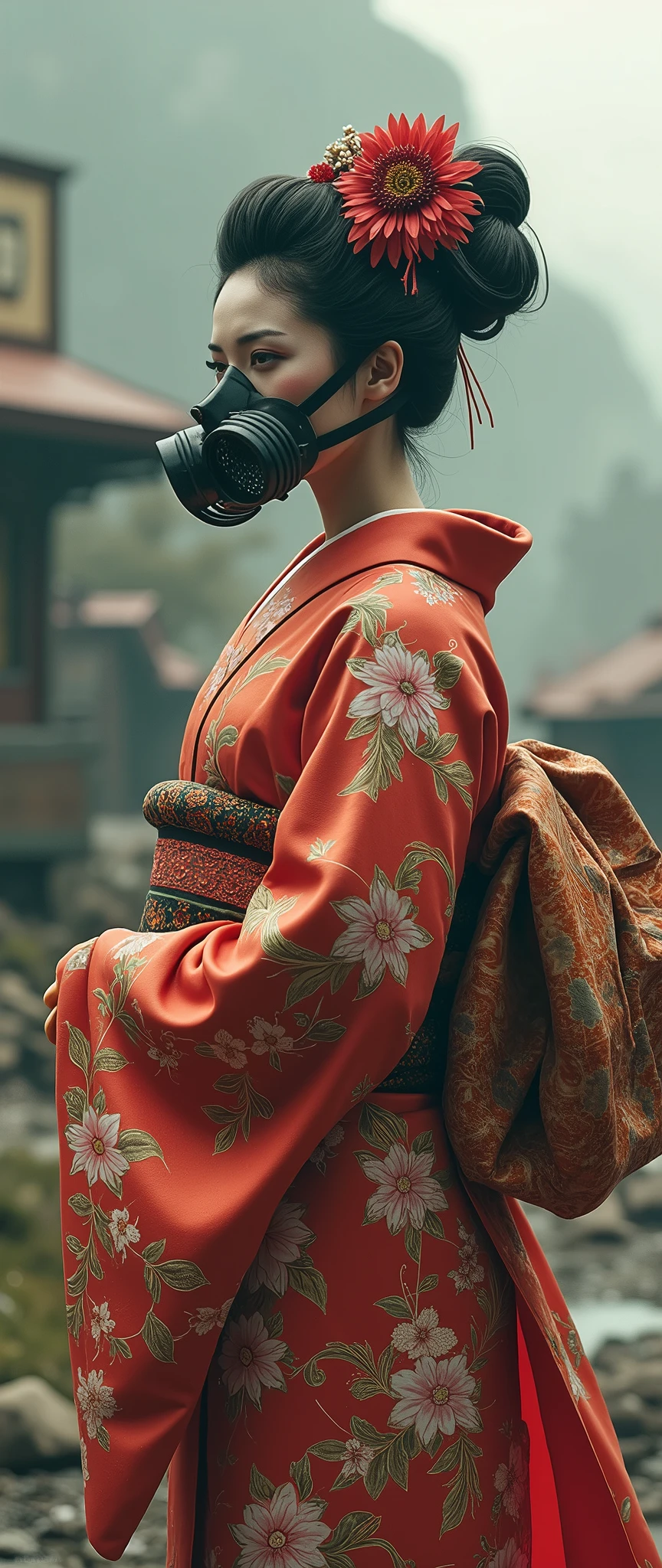 A beautiful geisha girl, wearing an ornate silk kimono robe, standing in a post-apocalyptic landscape wearing a gas mask, (best quality,4k,8k,highres,masterpiece:1.2),ultra-detailed,(realistic,photorealistic,photo-realistic:1.37),extremely detailed face and eyes, elegant and graceful pose, cinematic lighting, dramatic atmosphere, vibrant colors, surreal and dystopian, detailed background elements, intricate textures, Japan, female, geisha, kimono, gas mask, apocalypse, post-apocalyptic, science fiction, fantasy