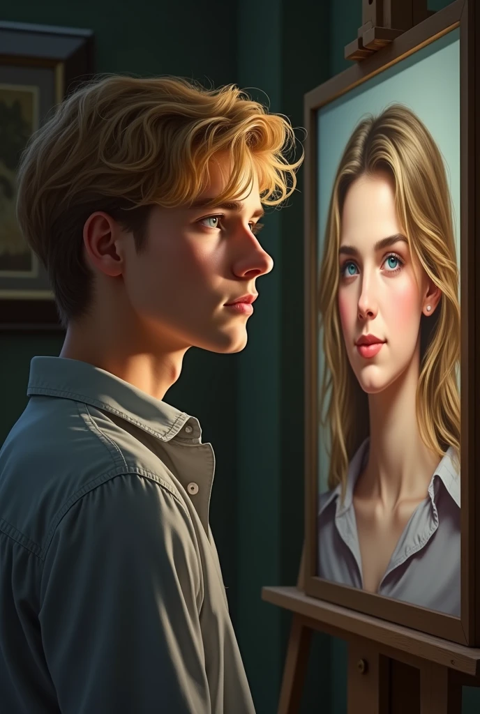 A young handsome man with golden hair and blue eyes is looking at his ex girlfriend portrait