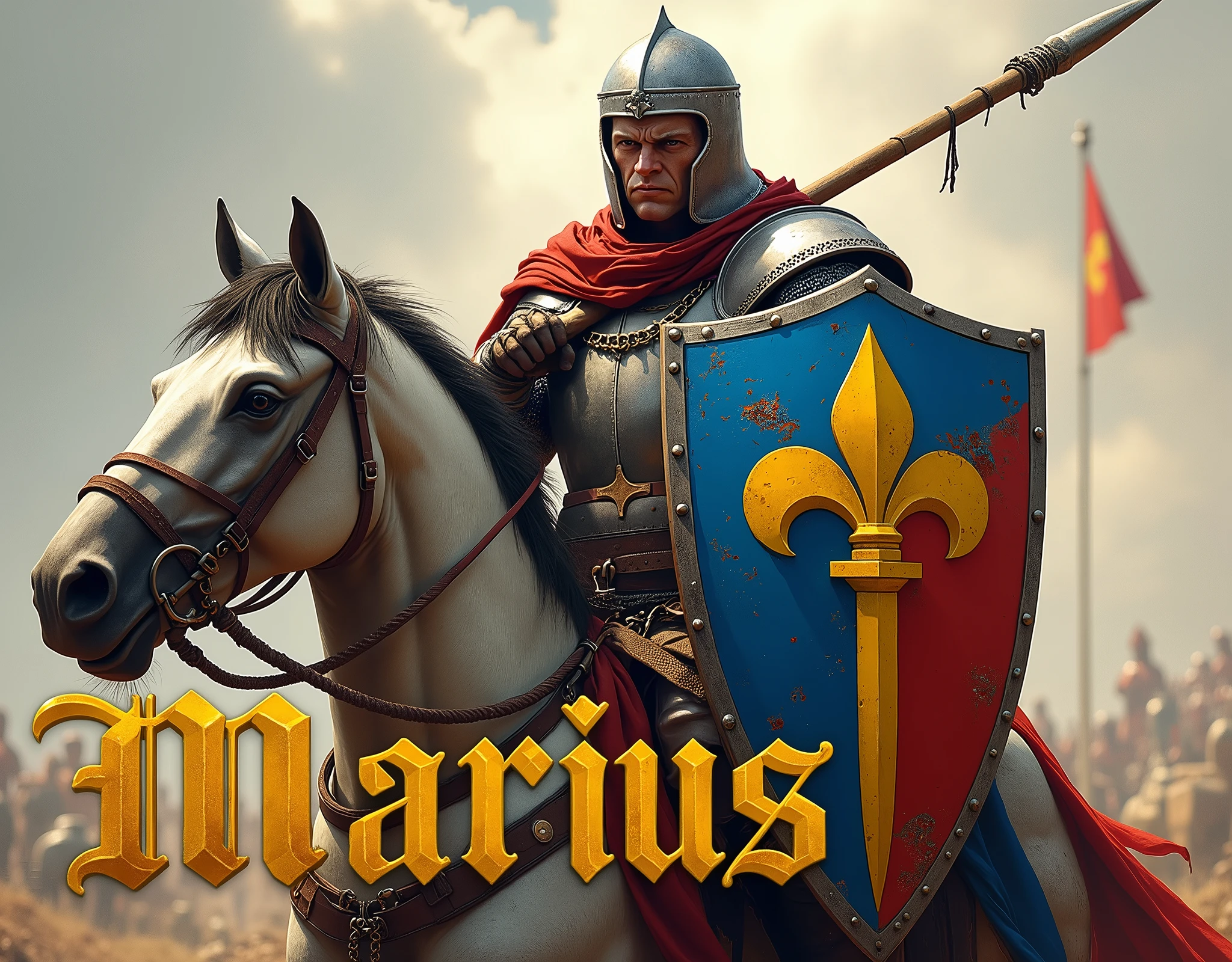 A poster depicting a strong squire, brandishing a jousting spear, with a (large blue and red shield with coat of arms thin vertical yellow sword painted upwards between 2lily flowers), damaged by fighting. wearing light and damaged medieval chain mail, big rucksack, helmet, gloves, very battle-damaged, blue and red coat of arms. He has pale skin, angry face. riding a horse, horse armor, (He's on a battlefield with the words "Marius" written in large golden letters in the foreground).