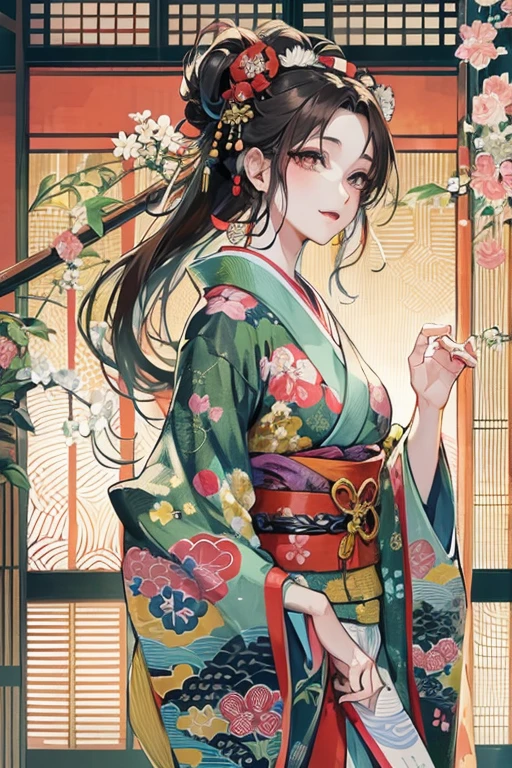 A beautiful woman in a kimono shows her white teeth、Vividly colored Japanese Ukiyo-e style illustrations、SeaArt creates stunning illustrations of beautiful women in kimono、Brown-black long hair、Full Body Style、Beautiful digital illustrations,、Beautiful digital painting, Anime CG art, Detailed digital anime art,  Beautiful anime portraits