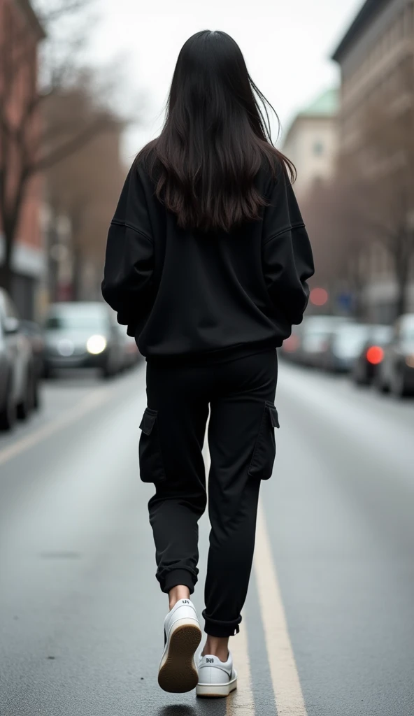 girl with black cargo pants, black sweater, white nike sneaker back view