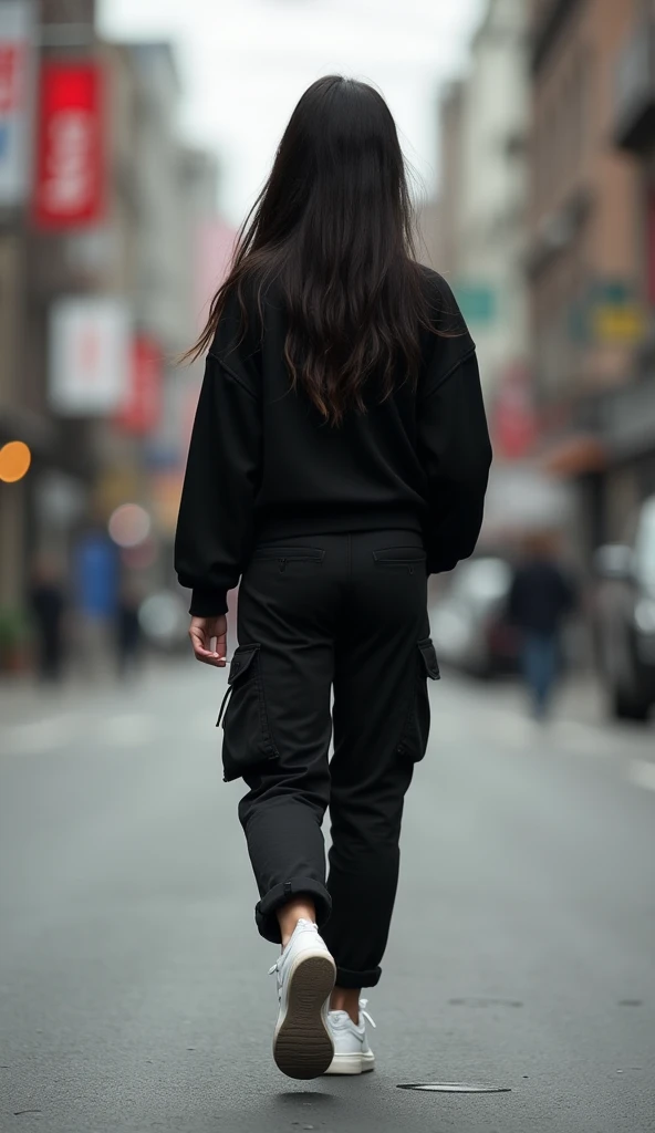 16 girl with black cargo pants, black sweater, white nike sneaker back view