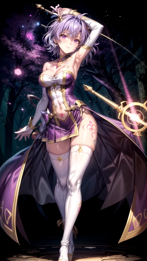 A beautiful mid 20s woman with a slender anime build, light lavender hair in a loose cascade, (inner thigh tattoo symbols:1.37), standing in a contrapposto stance with a light smile, wearing a purple wrap dress, front of skirt is hiked up, white lace stockings, high-heeled purple boots, and a heavy bust, holding a magic staff above her head, spell casting pose with armpits showing, set against a starry void background, (pink glowing magic symbol circles:1.27), a swirl of energy around her feet, with extremely detailed facial features, hands, eyes, and intricate background details, rendered in 16k resolution with best quality and masterpiece style, under moody lighting