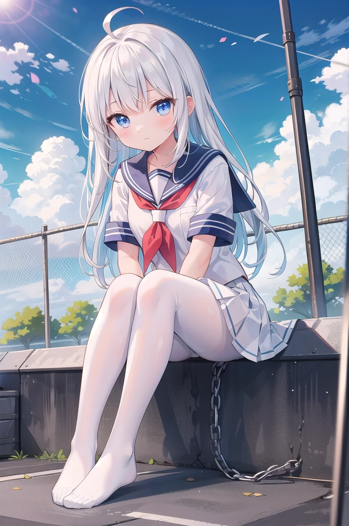 ((masterpiece, best quality)),a girl, solo, skirt, sky, sitting, pantyhose, serafuku, cloud,outdoors, neckerchief ,day, bangs, fence, shirt, ahoge, rooftop, long hair, white pantyhose,white hair, white school uniform, white sailor collar,blue eyes, sailor collar, white skirt, white serafuku blue sky,white shirt, looking at viewer, closed mouth,chain-link fence, white skirt, cloudy sky, pleated,no shoes