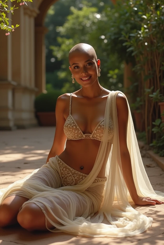 Full body portrait of Beautiful indian princess lying in ornate palace garden wearing sheer saree, see through bra and skirt, legs spread, barefeet, transparent draping, no blouse, seductive smile, jewelry, navel, bellybutton piercing, 22 bald head year old woman