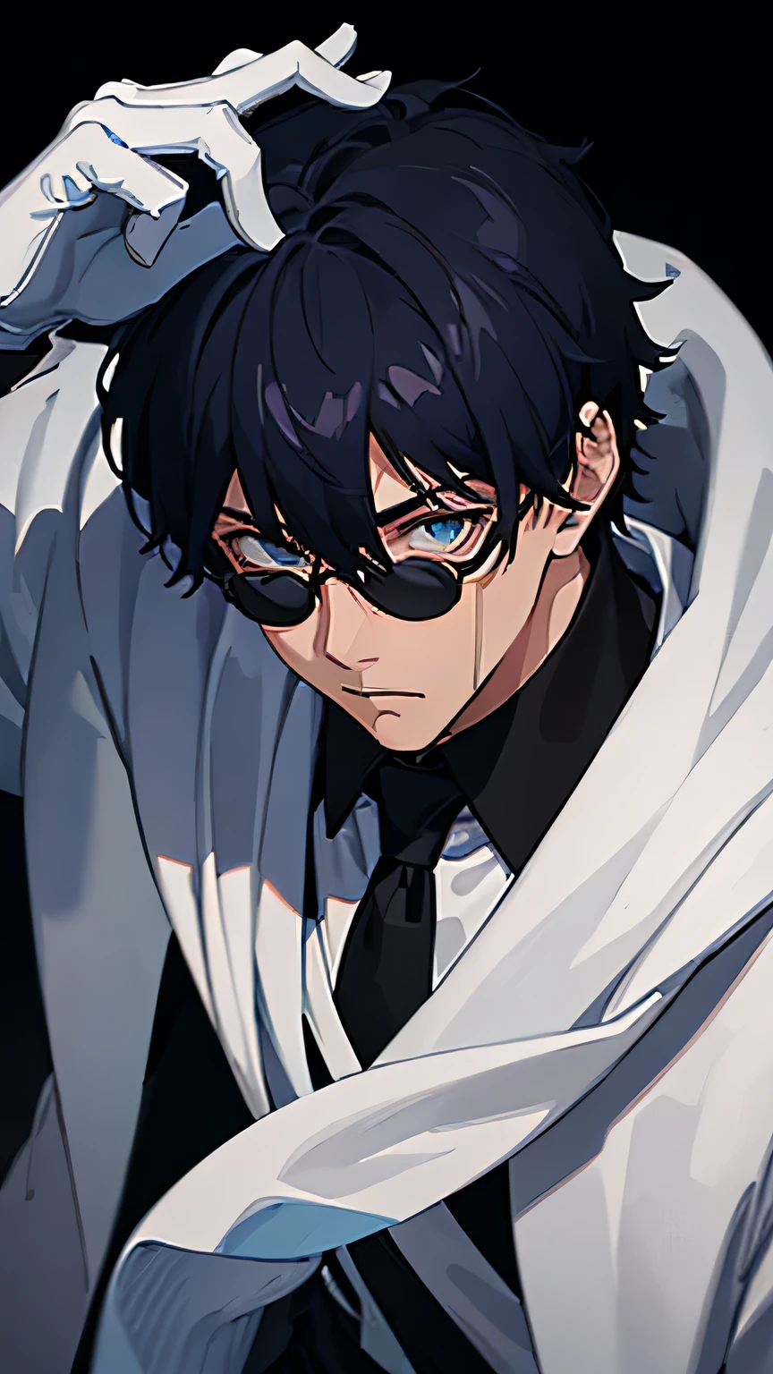 man, Indonesian people, thin body, wearing a black and white blazer, a criminal, blue eye color, facing forward, blue hair, wearing a white robe, wearing black round glasses, psychopath, cruel, murderer, height 178 cm, super villain, strong, black and white checkered tie, low tone of voice, wear white gloves