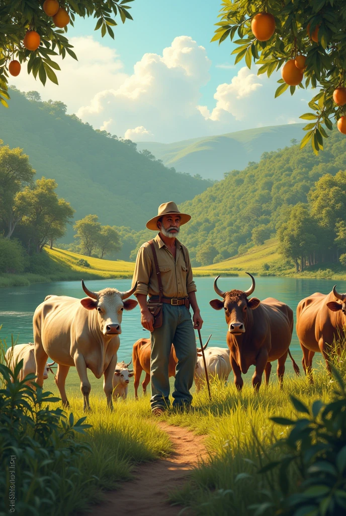 Cow bull farmer farm lake trees mangos garden