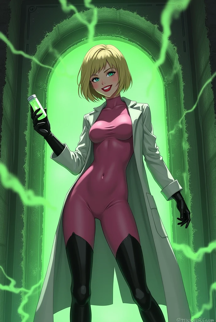 Anime style, Sultry and Beautiful young woman with a soul of pure evil and hatred. Short blonde hair that covers her left eye and blue eyed supervillain dressed in a sleek skintight pink bodysuit, long black gloves and black calf high boots. A long white lab coat over her bodysuit competes the look.  She is posing and emanating green energy. She has a smile crossing her thin red lips. The setting is a dirty laboratory with a captured costumed hero in a cage. She is creating poisons in a lab.