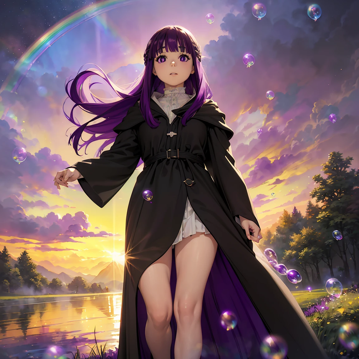 fern, long hair, bangs, (purple eyes:1.1), (((purple hair:1.5))), sidelocks, blunt bangs, (bright pupils:1.5), half updo, long sleeves, dress, white dress, long dress, robe,((( black robe:1.5))),--(((Fairy and women walking on a carpet of rainbow-colored soap bubbles, 1.3))), (16k, 8K, Raw, highest quality, masterpiece 1.2), Ultra HD, high resolution, high quality, best quality, (((full body image 1.3))), (((unreal space 1.3))), best quality, ultra high definition, incredibly absurd, highly detailed, 2.5D, beautiful goddess, (((pastel clouds 1.3))),, sunlight, pop art, (((delicate dynamic effect combining the taste of oil painting and watercolor 1.3))), (((rainbow fantasy 1.3))),girl 1 Person, perfect anatomy, perfect proportions, nice lighting, bright colors, clean lines, information, blurred, stunning facial expression, restless emotions, gorgeous and cute, beautiful face and eyes in every detail, (masterpiece) beautiful face, young and handsome girl, really perfect skin, blurred, stunning facial expression, restless emotions, gorgeous and cute, beautiful face and eyes in every detail, (Audrey Hepburn), (cute), (J-POP idol), (thighs, (depth of field), (depth of field), soft light, shining lens gaze, (droopy eyes), straight teeth, shy smile, fluttering hair, a scene from Blake's movie,