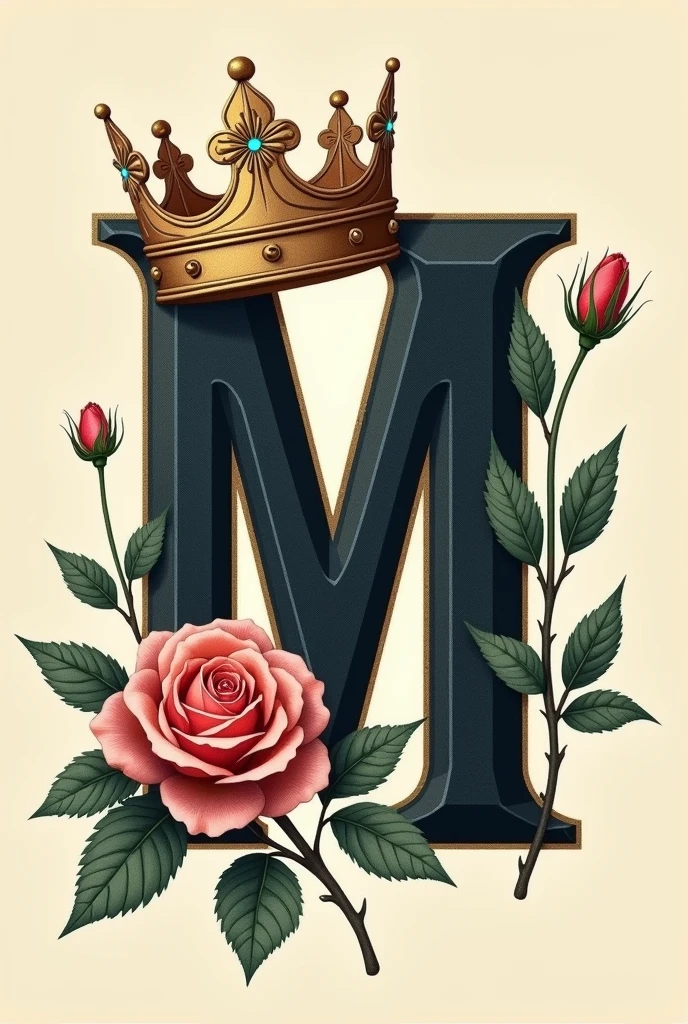 Typografi capital font written "MM" bold,artistic,with a rose flower beside it,with a crown on top of it