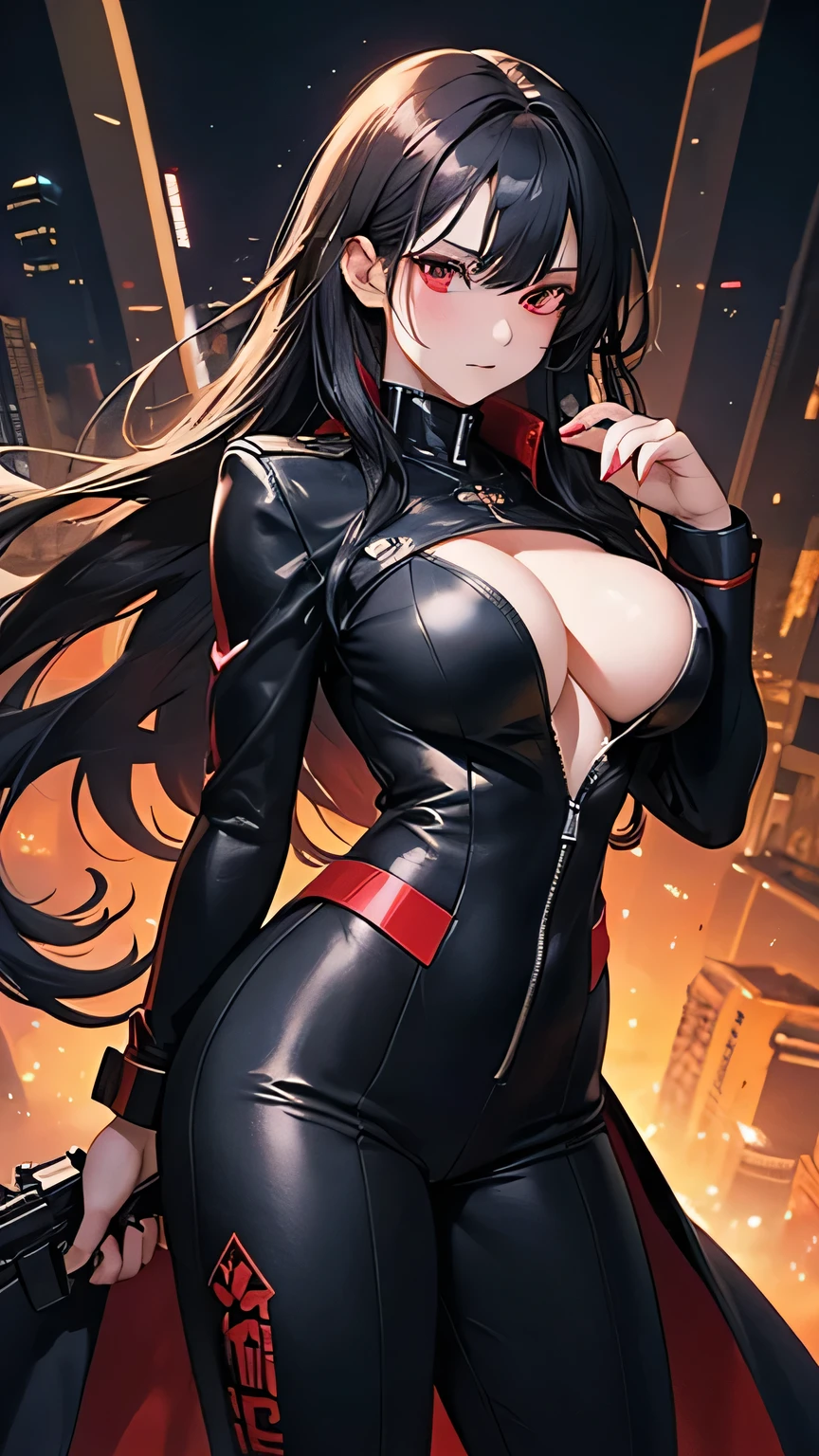 4K resolution,((Highest quality)),Ultra-high resolution,Adult women, alone, sexy, (Stern face), (Red eyes), Beautiful and symmetrical face, (Black irregular long hair), Black coat,Black suit pants,A mercenary woman,Realistic:1.4,Realistic:1.4,night,(masterpiece:1.2),Perfect Eyes,Perfect Eyes,Curvy Body,Ample breasts,Beautiful thick legs,Holding a gun,Perfect Legs