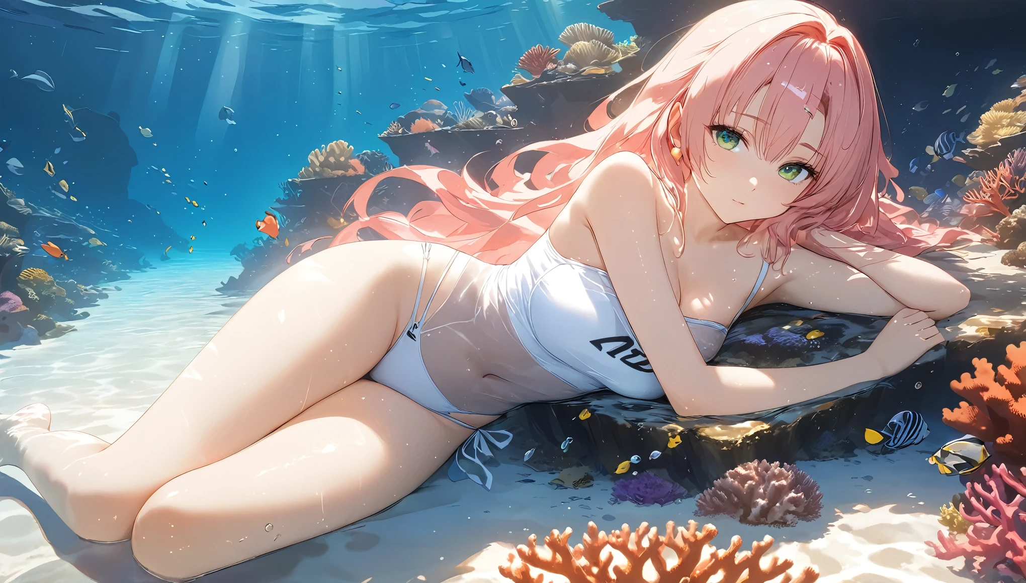 masterpiece,high resolution,Anime Art,Anime Numbers, 4k anime wallpaper,Soft Light,Radiant Skin,Looking at the camera,Solitary,An anime girl,Pink long hair,Green eyes,Lying on your side,White swimsuit,thigh,seabed,Coral Reef