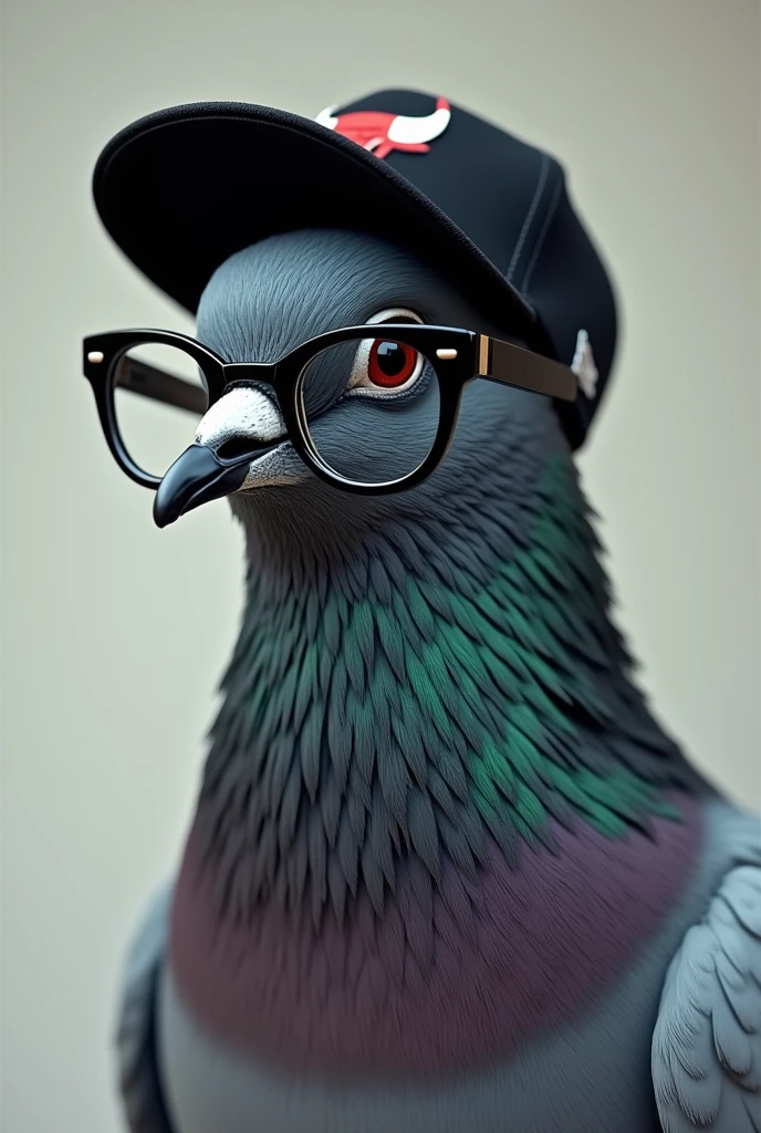 A pigeon with a serious look, wearing a black Chicago Bulls cap and only black glasses