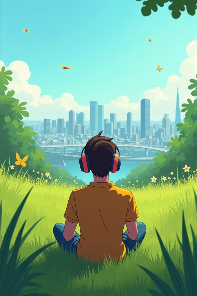 Cartoon vedio of a man with headphone seating in a grass watching an overlooking view of a city