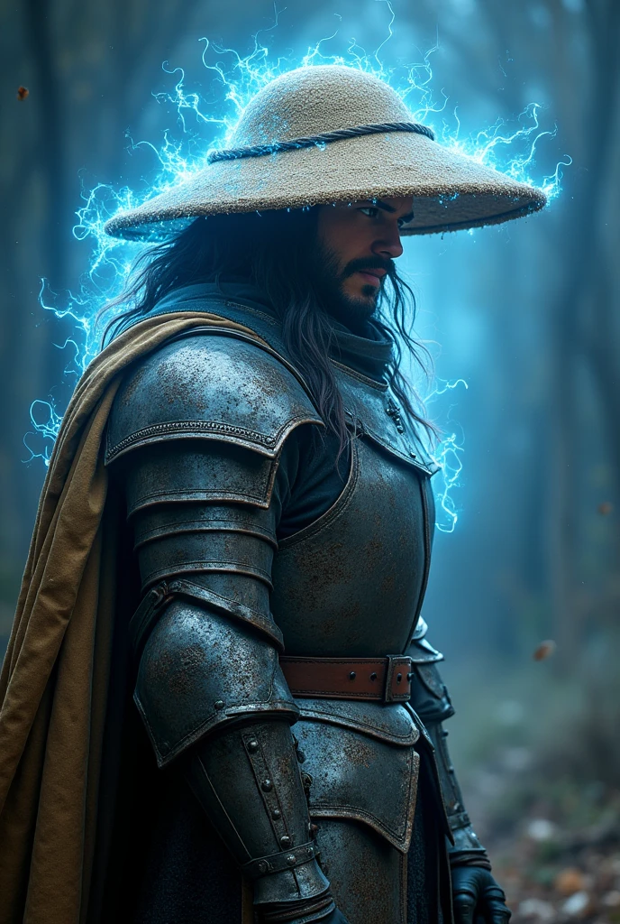 "Créez une image réaliste et intense comme une photo d'un guerrier nommé FarmMasteR,avec un chapeau de paille. Le guerrier doit tenir une grande faux, représentant son expérience agricole. Le personnage doit être vêtu d'une armure médiévale de samouraï argenté comme un miroir reflétant la lumière, il est affûté avec une présence unique et effrayante. Des éclair tournent autour de lui comme une aura. L'arrière-plan doit représenter un monde psionique avec des tons bleus, rempli d'éclair, dans un atmosphère intense. être dramatique, en soulignant l'apparence puissante et unique de FarmMasteR. Le nom « FarmMasteR » doit être affiché dans le fond de l'image dans une police gothique