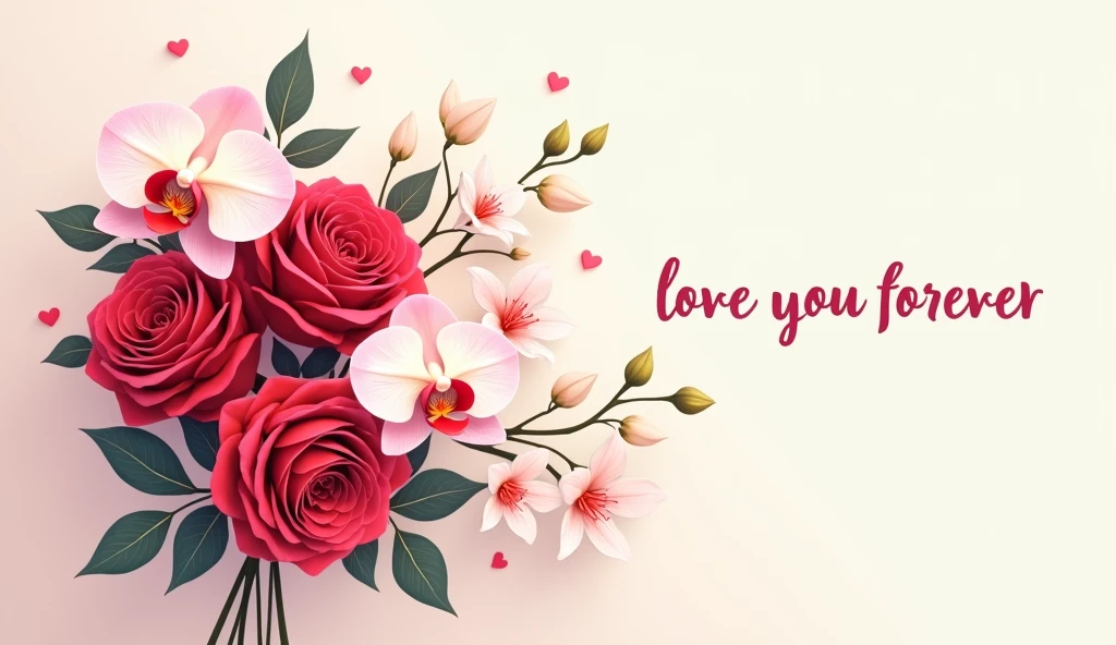 A greeting card with the text "love you forever". The background is off white. On the left side of the image, there is a bouquet of red and pink roses and white orchids. The roses are arranged in a way that they are overlapping each other, creating a beautiful and vibrant display. The flowers are in full bloom, with some leaves and stems visible. The overall color scheme is soft and delicate, with shades of pink, red, and white.