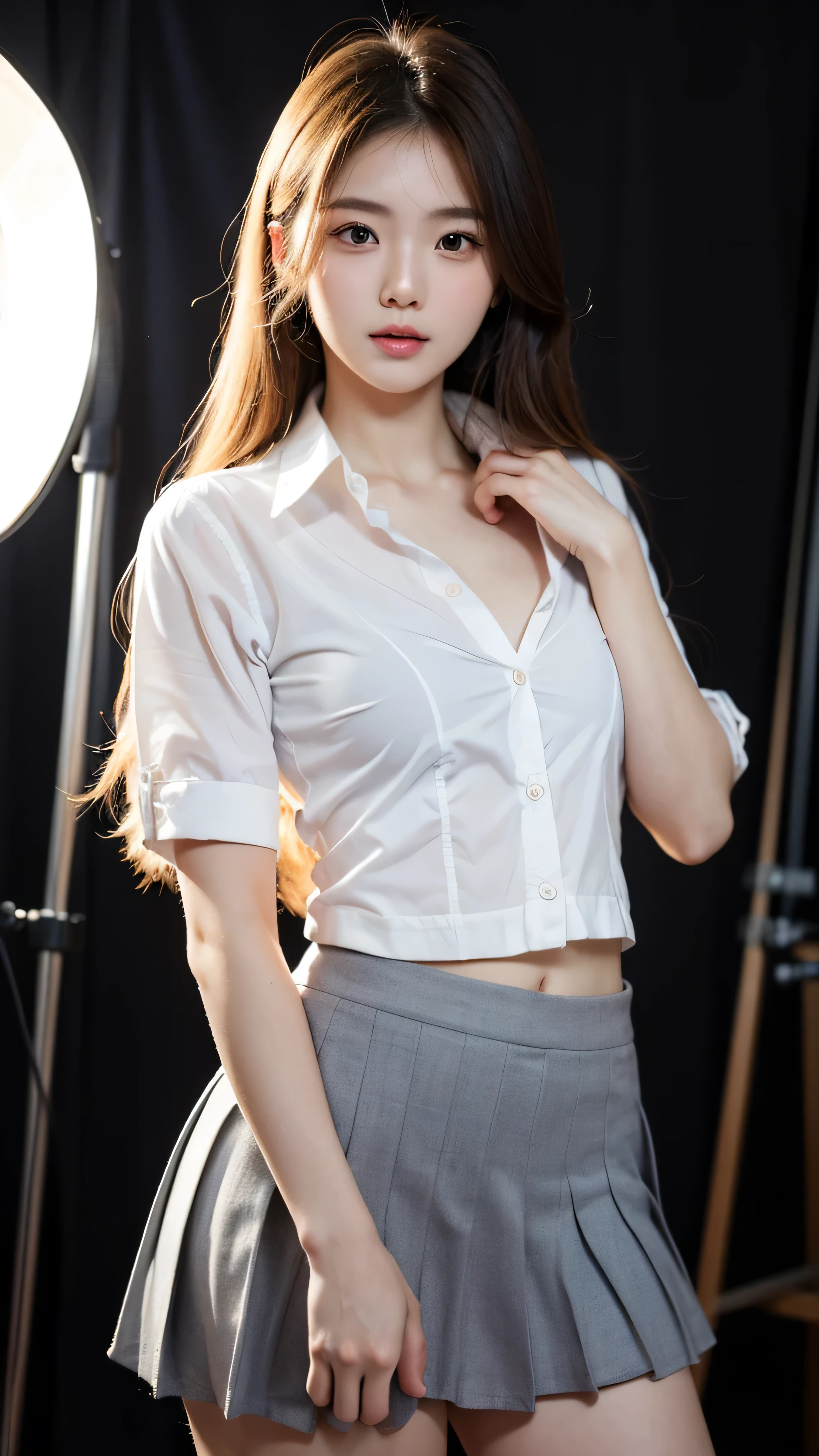 (masterpiece, best quality:1.2), japanese beautiful girl, light blonde long messy hair, highly detailed, naturally beautiful breasts, highres, 1girl, ((wear unbuttoned school uniform)), black underwear, in photo studio, random seductive pose