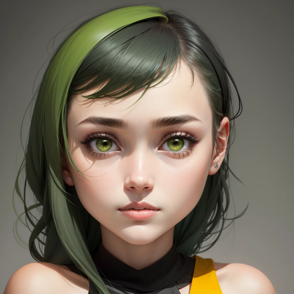Abstract summer, minimal, vector, mix of natural and geometric, 2D, mostly using color code dark green and mustard palette, dark gray green, dark green mustard pastel color, using very little dark green warm colors with tonal combination With green and mustard color, the direction of the girl's face and look around, the girl's age is over 20 years old, the face should be minimal and abstract, the face should not be realistic and photographic, the face should be geometric and abstract cubism. Style, different face styles, dark gray green, face blend with background