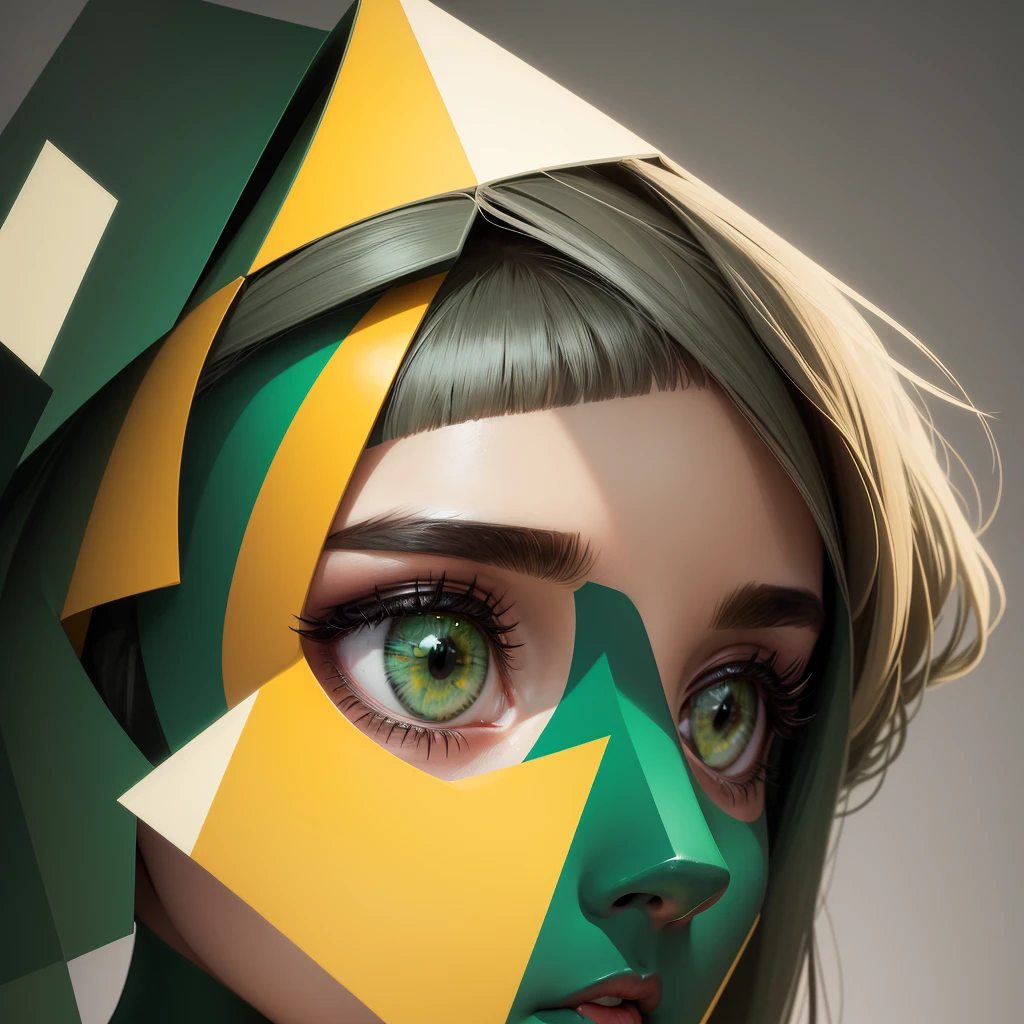 Abstract summer, minimal, vector, mix of natural and geometric, 2D, mostly using color code dark green and mustard palette, dark gray green, dark green mustard pastel color, using very little dark green warm colors with tonal combination With green and mustard color, the direction of the girl's face and look around, the girl's age is over 20 years old, the face should be minimal and abstract, the face should not be realistic and photographic, the face should be geometric and abstract cubism. Style, different face styles, dark gray green, face blend with background
