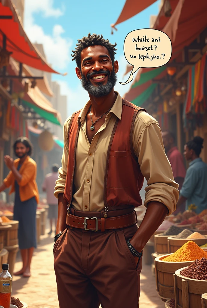 Prompt d’image : Le marchand noire souriant, with a speech bubble saying “He might be on strike !”