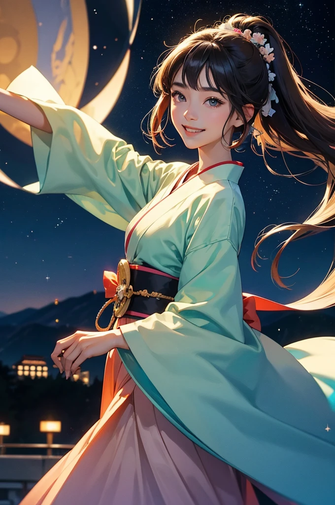 anime style, super fine illustration, highly detailed, dynamic angle, beautiful detailed, 8k, On a summer night, at the observatory at the top of the mountain, BREAK A the Japanese clothing young girl with a smile., transfixed by the beautiful night view of the city, is taking a selfie. Her eyes are shining and she is smiling. BREAK The night view sparkles in the background.