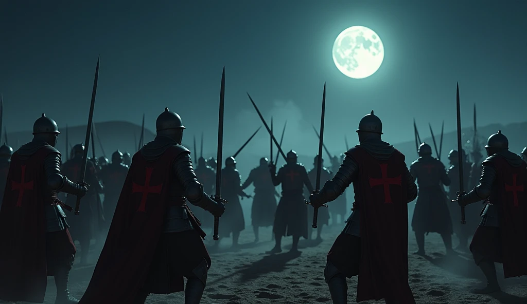 A highly realistic, high-contrast, 8K HD, detailed, hyper-detailed image of Crusader knights clad in steel armor with red crosses on their tunics, engaged in fierce combat with enemy soldiers under the night sky in a desert setting. The scene is illuminated by the pale light of a full moon, casting a ghostly glow over the battlefield. The knights, determined and relentless, clash with their foes, their swords gleaming in the moonlight. The desert landscape is shadowy and mysterious, with the silhouettes of dunes and distant mountains barely visible in the dark. The atmosphere is tense and ominous, with the quiet of the desert night shattered by the sounds of battle. The image is of the highest quality, with ultra-high resolution, RAW photo quality, and Unreal Engine rendering, capturing the intense and dramatic confrontation under the starry night sky.