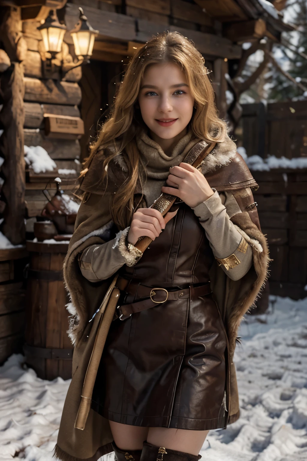 8k, masterpiece, best quality, ultra-realistic, highly detailed, full image, 1female, solo, dnd, d&d, dungeons and dragons, dungeons & dragons, 20-year-old girl, very pretty smiling but cold, walking girl, blonde hair, blue eyes, sexy girl, in a winter setting. She is dressed in a brown studded leather bodice, a medium leather skirt, high boots, and over warm, layered clothing made of thick, durable fabrics and adorned with fur accents to protect her from the bitter cold. Her attire includes a long, heavy fur-lined cloak, an intricately patterned tunic, and sturdy boots, all in brown hues that stand out against the icy landscape. He carries an elegant and light sword at his side. The setting is an expanse of snow and a heavy snowfall is falling. The atmosphere should convey both the harshness of the winter environment and the resilience and grace of the beautiful girl as she traverses the snowy landscape.