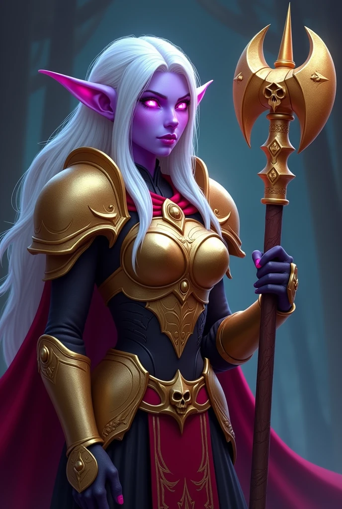 World of Warcraft Game Theme Image of a 32 year old white haired elf standing holding her favorite War Hammer,dark purple Skin,blood elf Paladin Wow, Long elf ears, glowing purple eyes, golden armor, Golden Pauldrons, Golden skull Pauldron, Gold and Red Chestpiece,golden Gauntlets, Dark red tabard, dramatic tones. A masterpiece with the highest resolution. , Surrealist image type