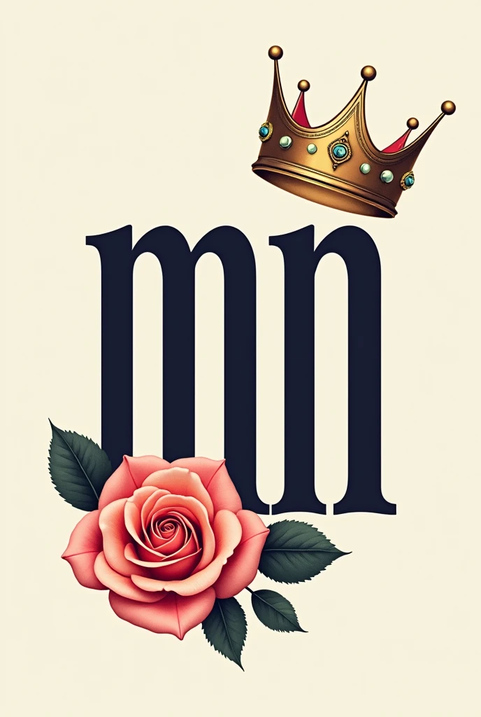 Typografi capital font written "MN" bold,artistic,with a rose flower beside it,with a crown on top of it