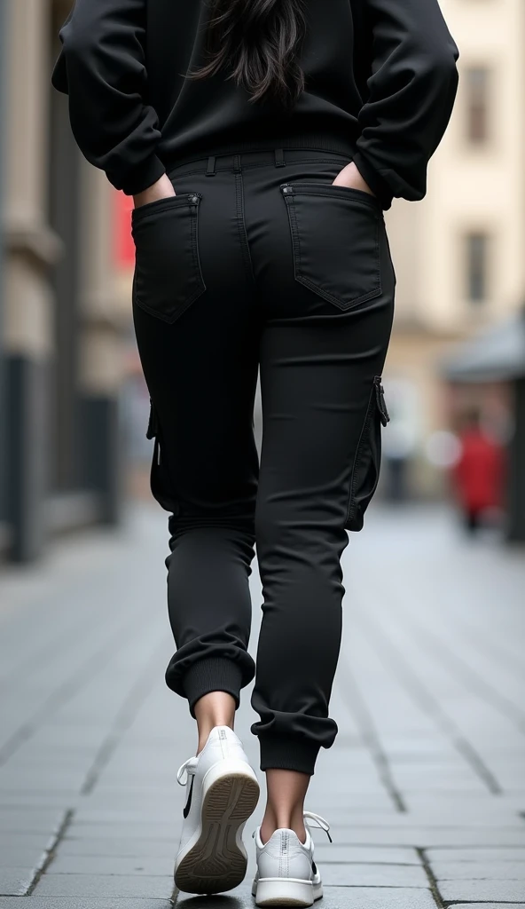 girl with black cargo pants, black sweater, white nike sneaker back view
