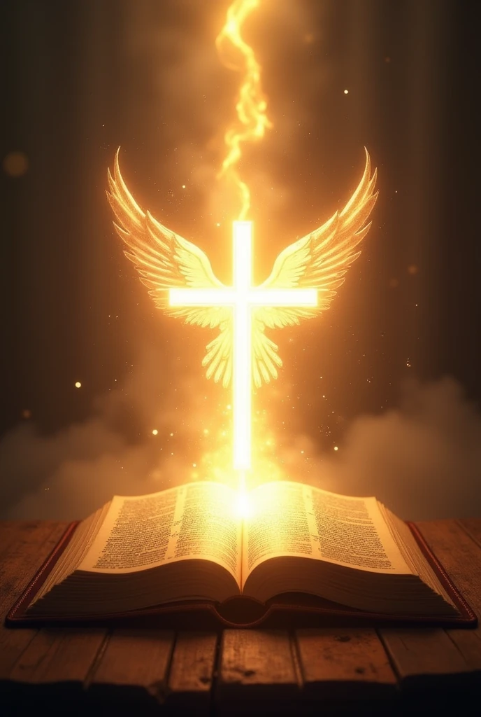 Bright Light shone from Bible with the cross in the middle and holy spirit on top like a dove
