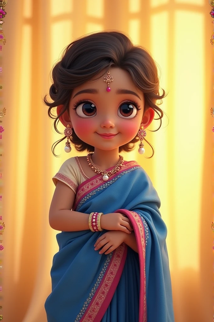 A standing front of a babylow colour curtain,baby gir wearing a royal blue colour jamdani sharee, a white is in her ear,she has small pink jewellary in her hand and neck,she is smiling & two of her hands below her Chick(its her pose)