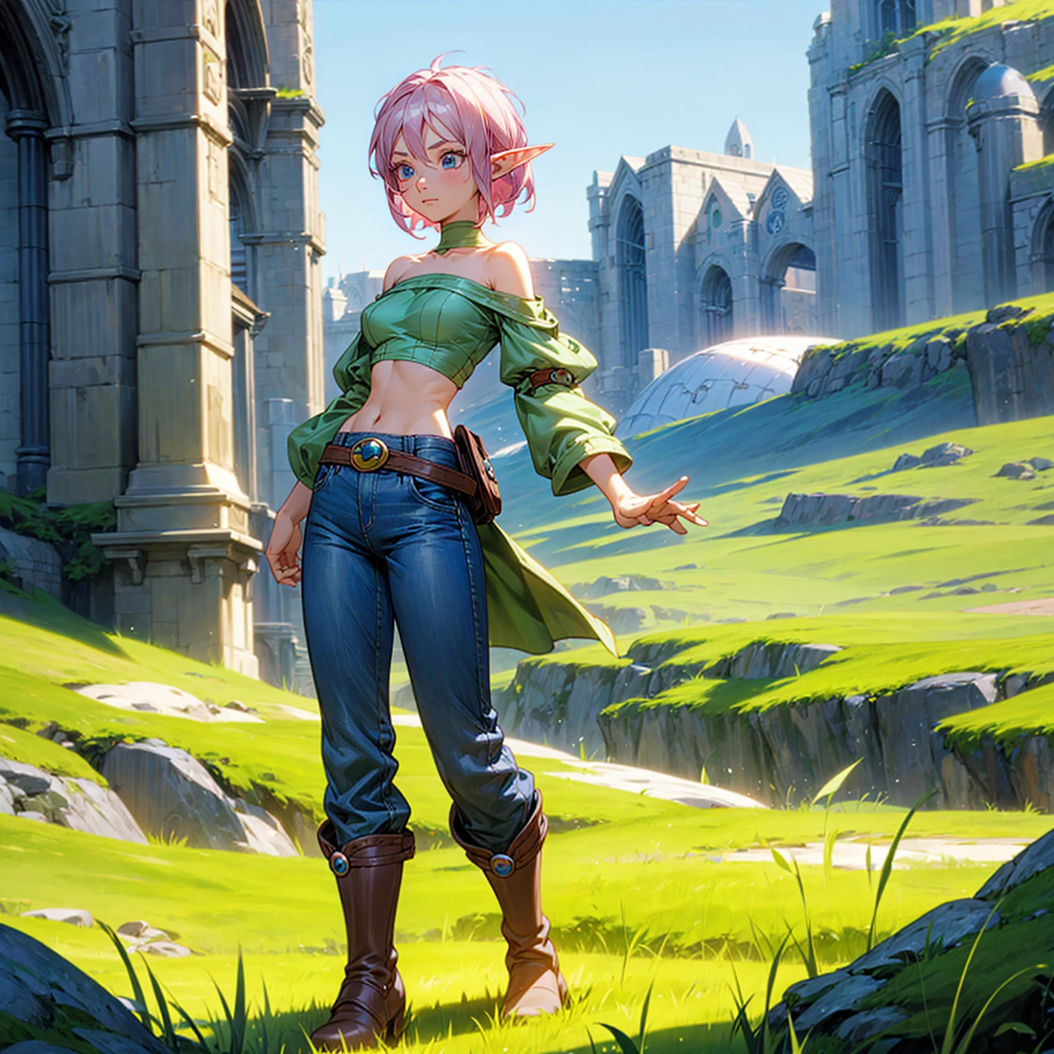 Solo character, full body version, old girl, medium breast, (elf), blue eyes, pink color hair, short hair, black crop top, bare shoulder, jeans pants, boots, outdoor, field, Greenland, medieval, standing gesture, detailed background, detailed clothing, detailed hair, (one piece style art, Doraemon style art), happy, 