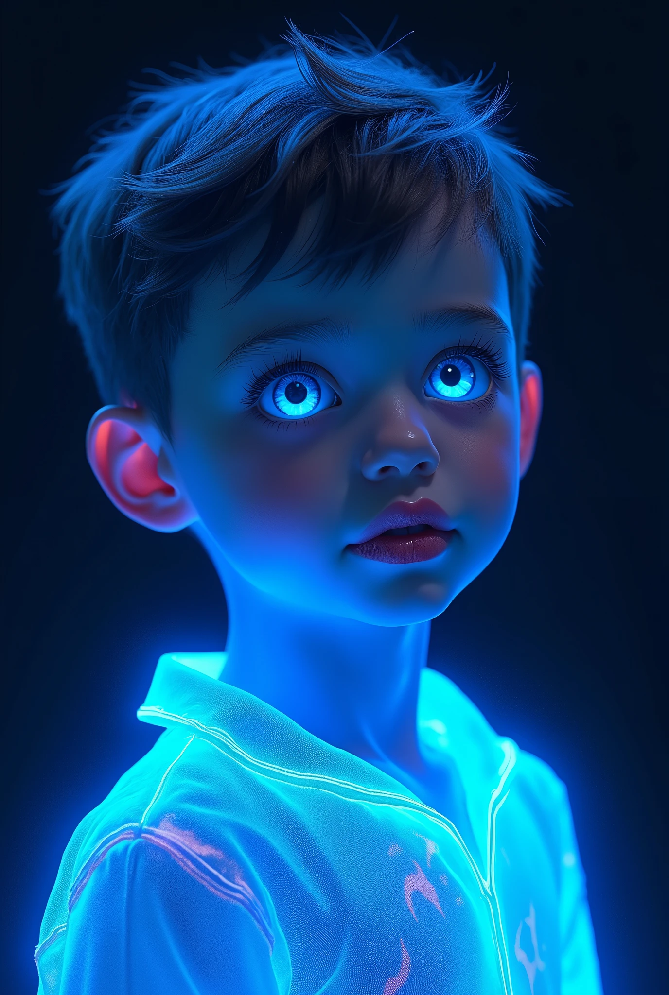 Fluorescent Color, 1 boy,Blue fluorescence, Pretty Face, beautiful eyes, (Shoulder: 1.2), Upper Body, Shiny hair, Radiant Skin, Reduce glare emissions, The fingers are well proportioned, dark, Throw, Dynamic Angle, (((main part))), (((Better quality))), ((Extremely detailed)), (illustration), (Detail Light), ((Extremely beautiful)), dramatic_shadow, Light_track, reflection, Ultra-high resolution, laser