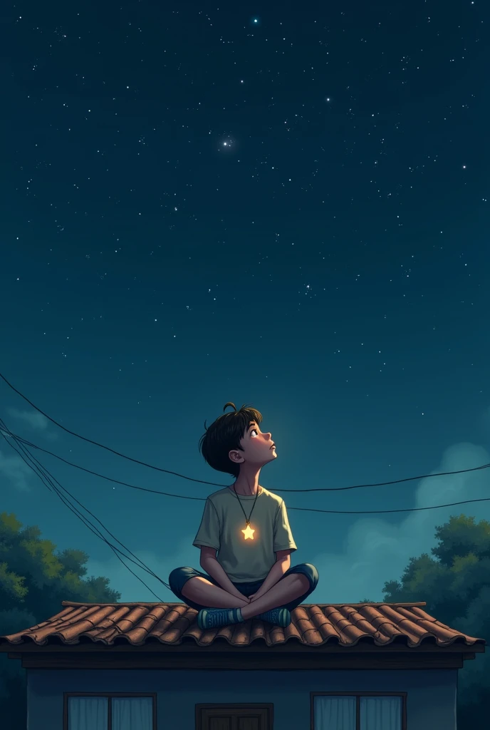 A boy with a star pendant sitting watching the stars on his roof 
