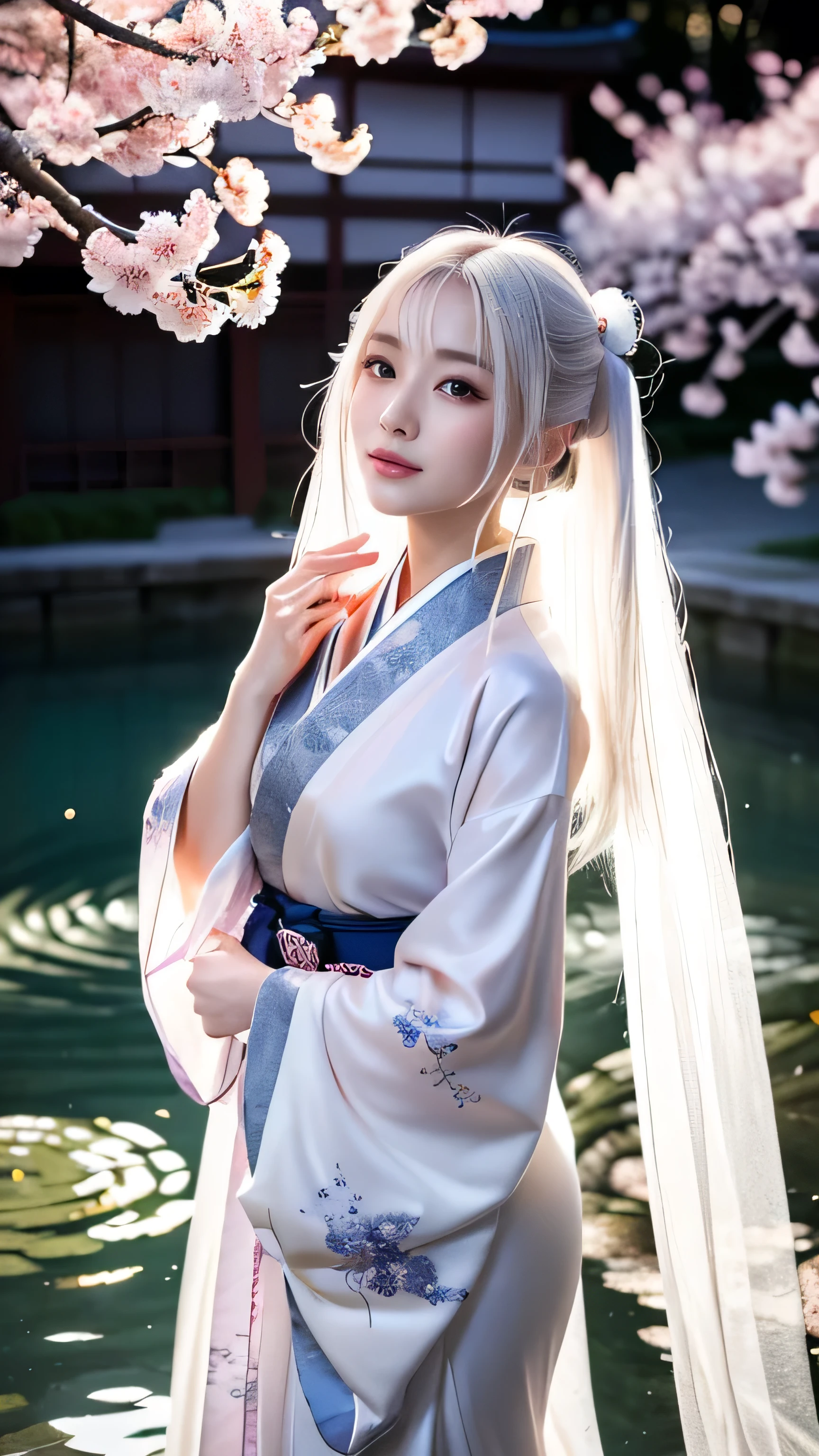**Prompt:** Create an ultra-realistic 8K resolution image of Ittan-Momen, a mythical creature from Japanese folklore, reimagined as an ultimate Japanese beautiful girl while retaining its iconic features. The Ittan-Momen's essence remains as a long, flowing piece of fabric, now transforming into the elegant form of a Japanese girl. Her flowing, silky white hair blends seamlessly with the ethereal cloth that wraps around her slender body, giving her a ghostly yet captivating appearance.
Her skin is porcelain smooth, with a soft glow that enhances her delicate features—large, expressive eyes, a small, elegant nose, and full lips that carry a gentle smile. She wears a traditional yet modernized kimono made from the same fabric, with intricate patterns that shimmer in the light. Her presence is both serene and mysterious, as the fabric around her floats and dances gracefully in the air. The background is a tranquil, moonlit Japanese garden with cherry blossoms and a gentle breeze, perfectly highlighting her otherworldly beauty while maintaining the mystical essence of the Ittan-Momen.