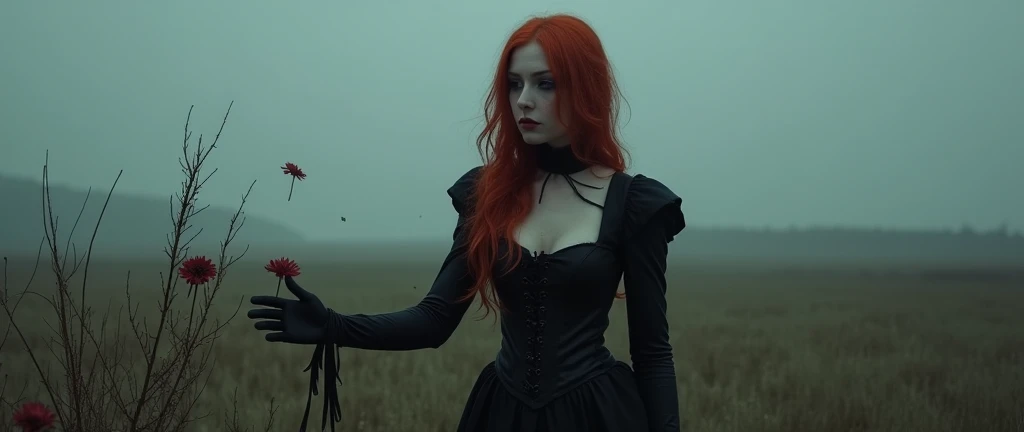 grainy de-saturated serious tone, a ginger pale goth regel queen, in one piece corset dress. leather gloves, charm lounging outside a dark darkfield, open field touching causing withering flowers manner hall