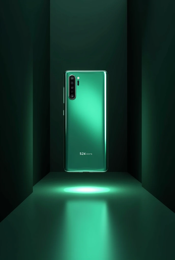 Real samsung s24 ultra shine green colour 3d model video of
phone which is hang in air with aura in simple black hall with shine brightness.