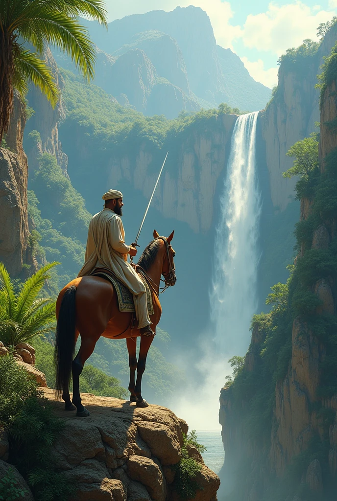 a dream arabian jungle valley and mountain were beautiful water pound and pound side sitting arabic adult warrior with sword on a horse