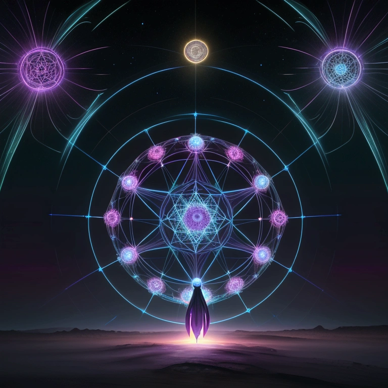 Create a digital landscape of an ethereal, futuristic world where Arcturian energy grids form a glowing, intricate web across the sky. The grid should be composed of interconnected sacred geometry patterns, such as tetrahedrons, dodecahedrons, and Flower of Life symbols. The color palette is dominated by deep purples, blues, and radiant whites, with an otherworldly, glowing effect.