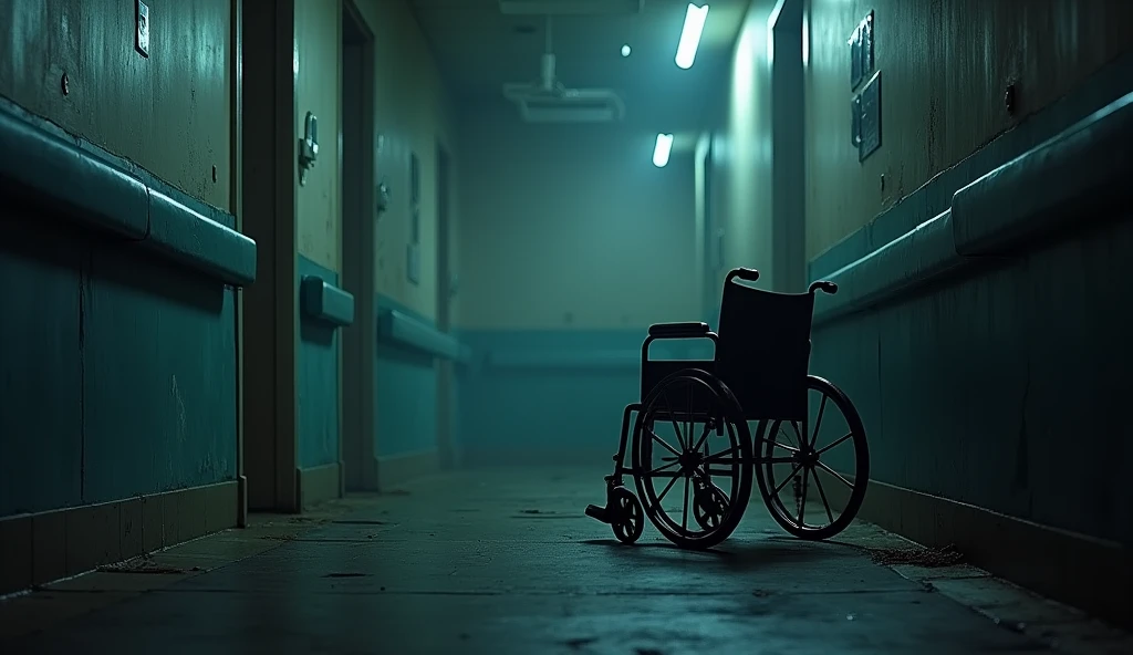 (Masterpiece:1.2,Highest quality,Ultra high resolution,very detailed,realistic,Ultra high resolution,8ก,Wallpaper,(Taking photos in an abandoned hospital),(The picture shows details of a patient&#39;s wheelchair parked in an abandoned room.),nighttime,Thailand,The quiet and eerie landscape,horror